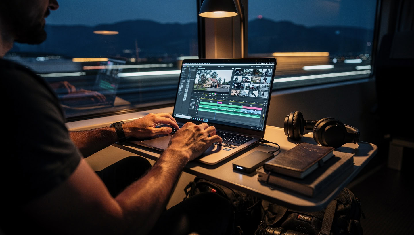 Cinematic 16:9 ultra-realistic photo of a digital nomad video editor working on a night train.