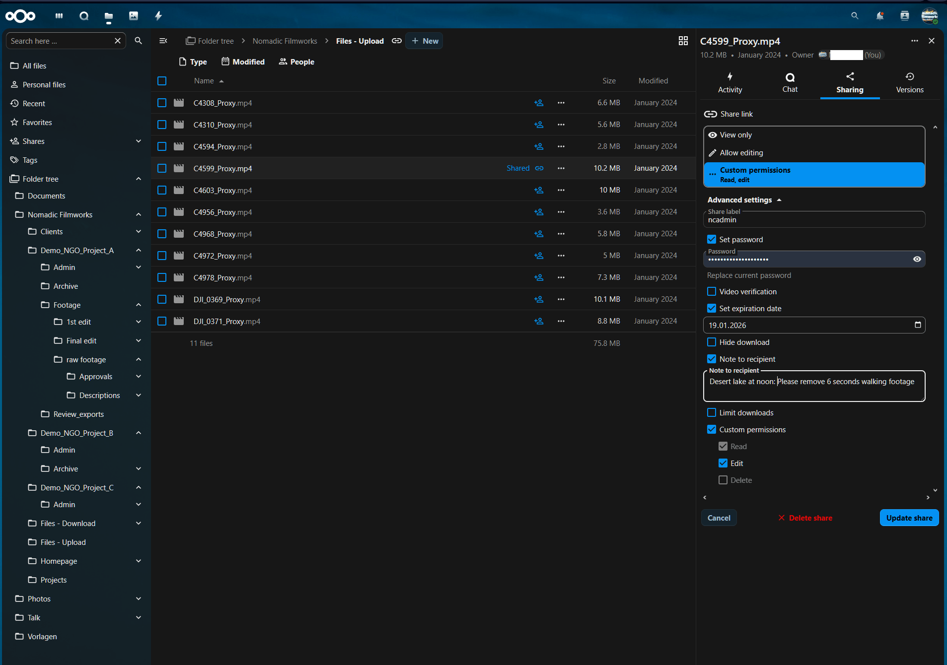 Time-coded review notes on a Nextcloud review export (comments with timestamps)