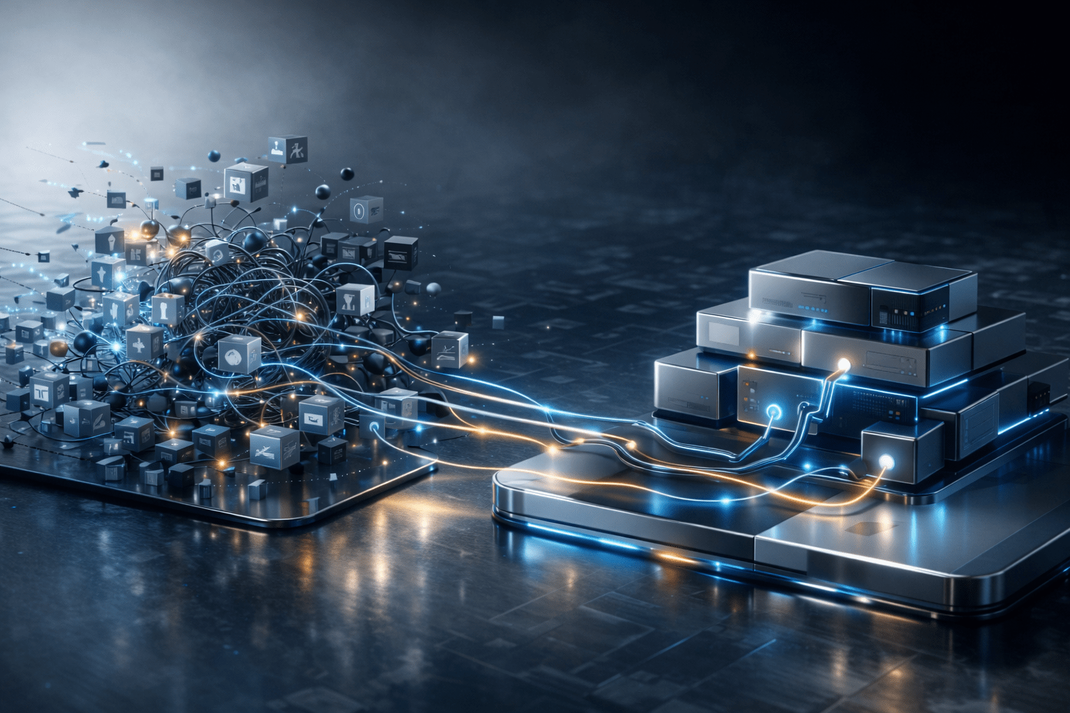 Conceptual illustration of scattered tools converging into one clearer operational base