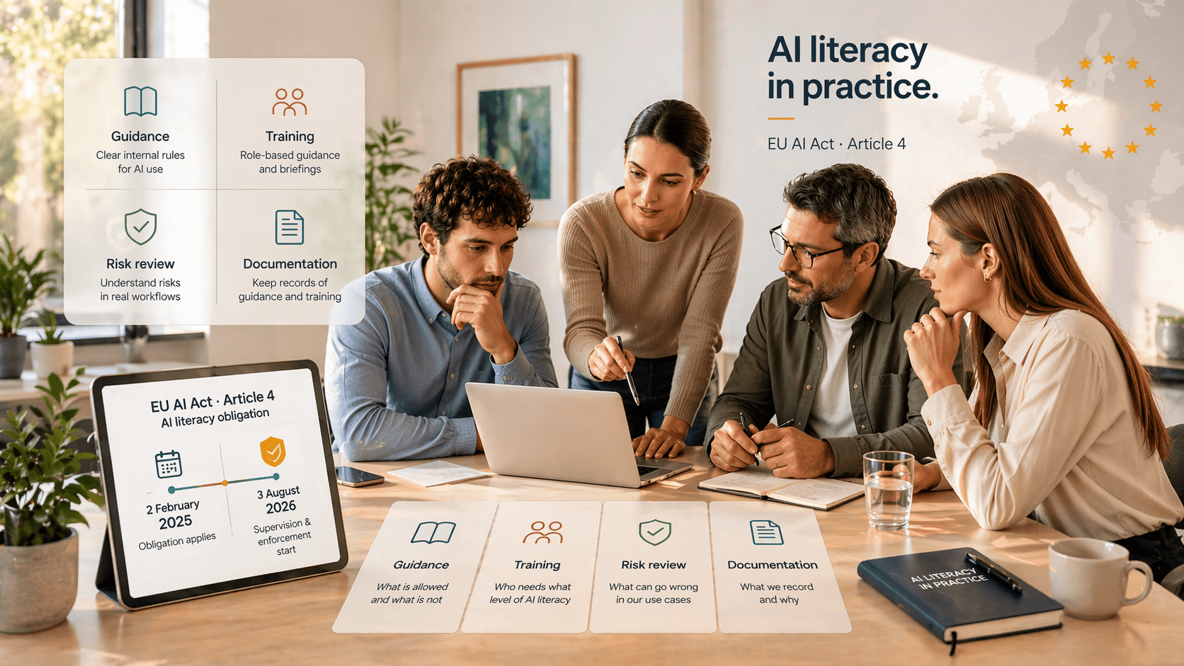 Editorial illustration for an article about EU AI Act literacy for small teams, showing a team reviewing AI guidance, training, risk review and documentation before 2026