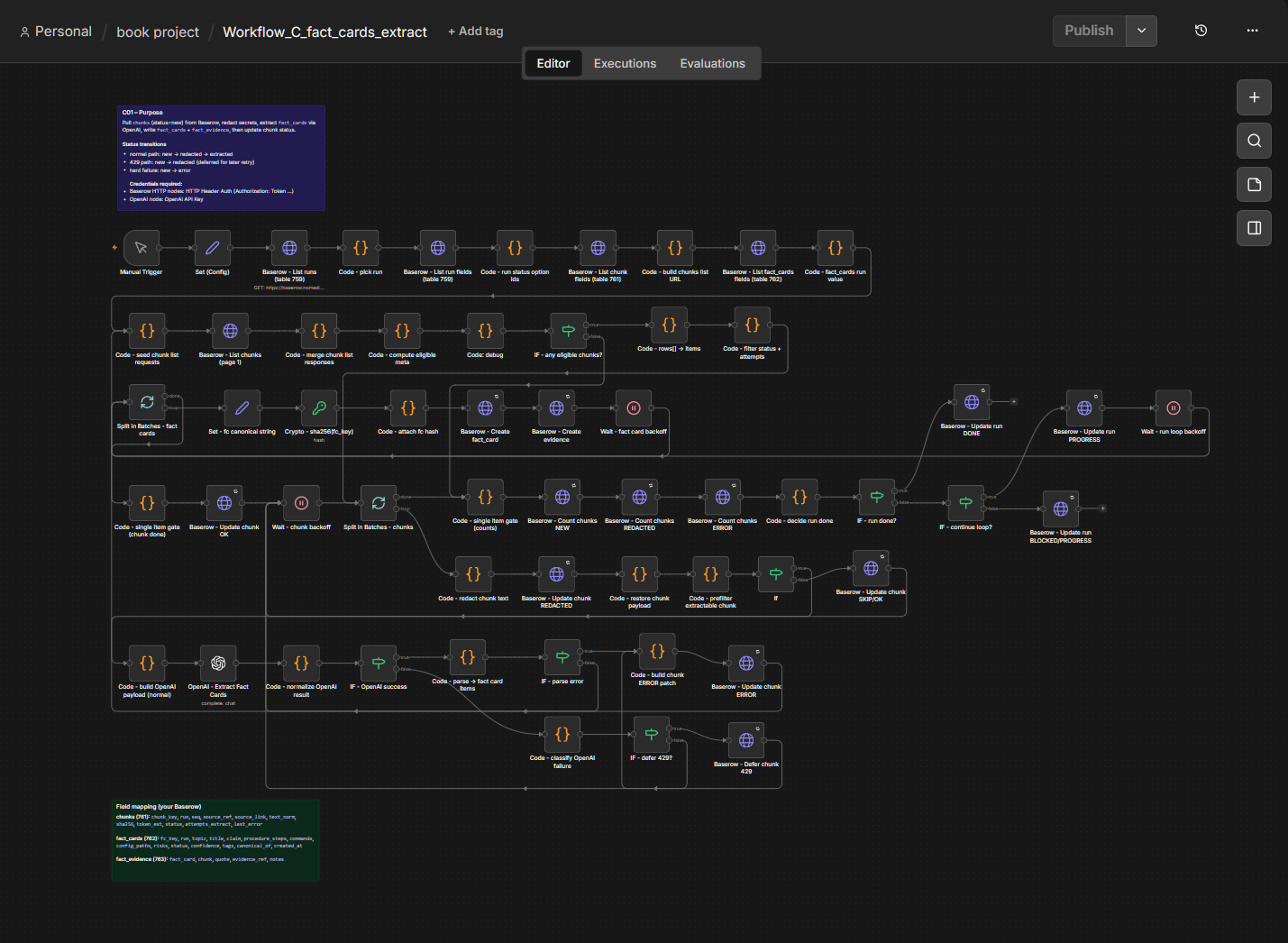 n8n workflow: AI fact cards extraction pipeline