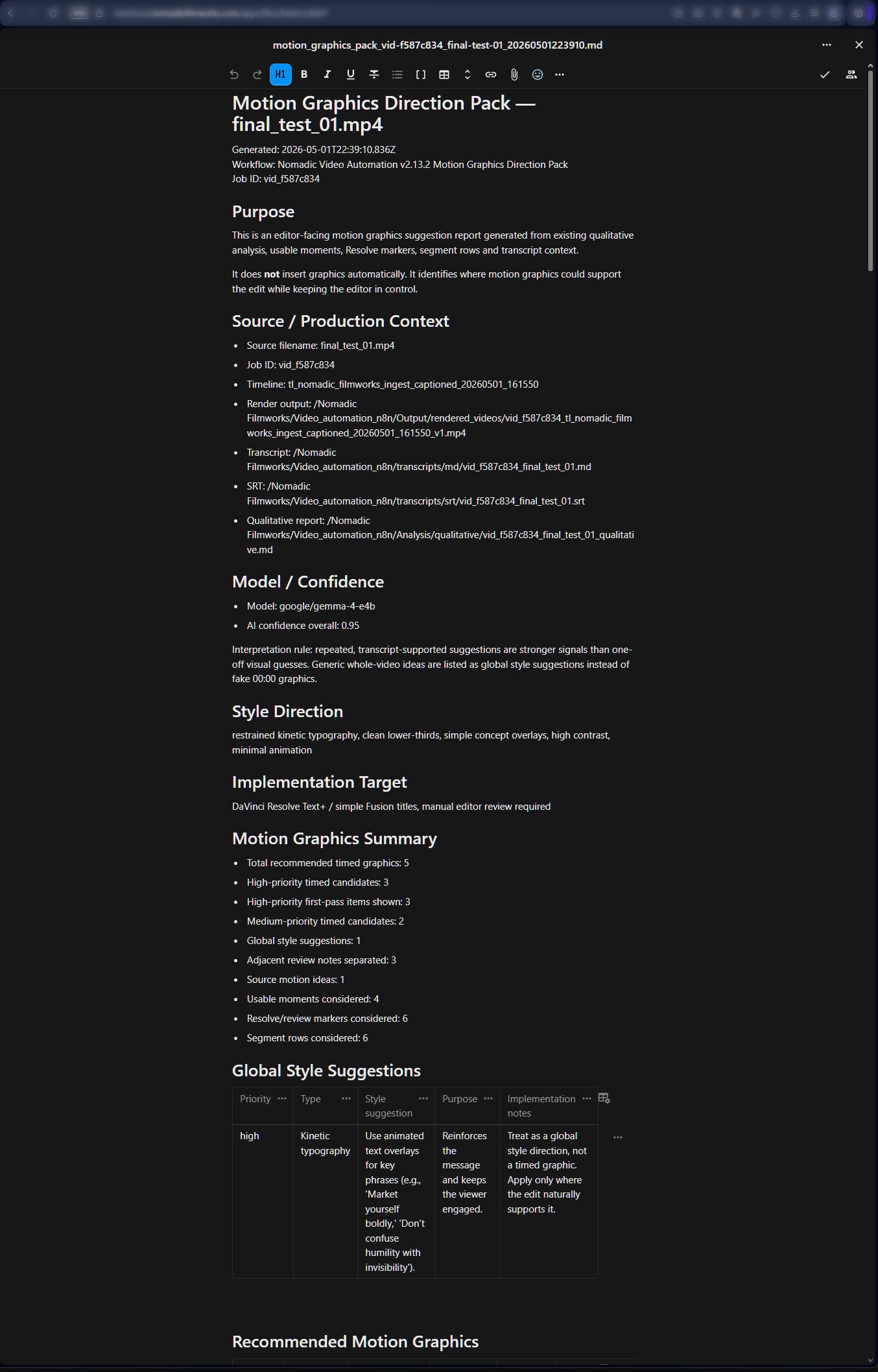 Nextcloud Markdown motion graphics direction pack created by the video automation workflow