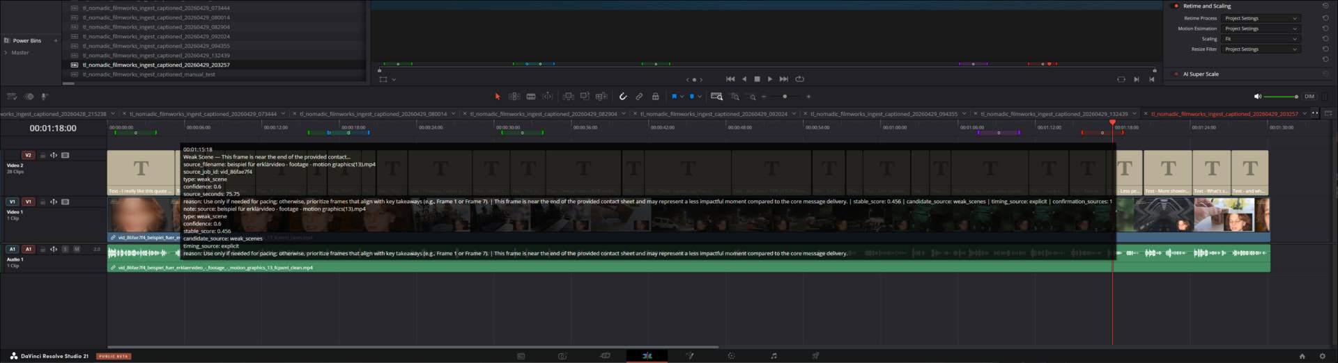 DaVinci Resolve timeline with prepared captions and markers from Nomadic Video Automation