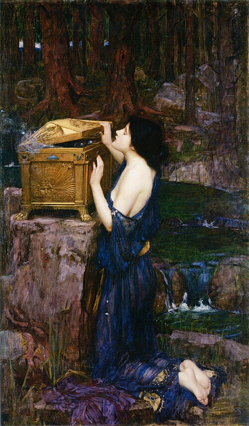 John William Waterhouse's 1896 painting Pandora, showing Pandora opening an ornate container in a dark natural setting