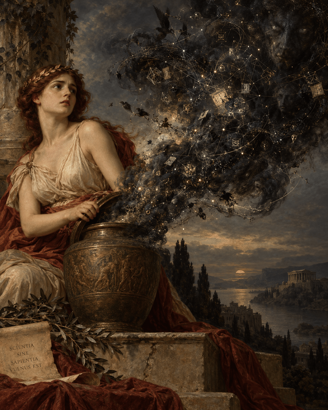 Vertical modern Pandora-inspired artwork showing a classical woman beside an ornate bronze vessel as dark symbolic structures emerge above it