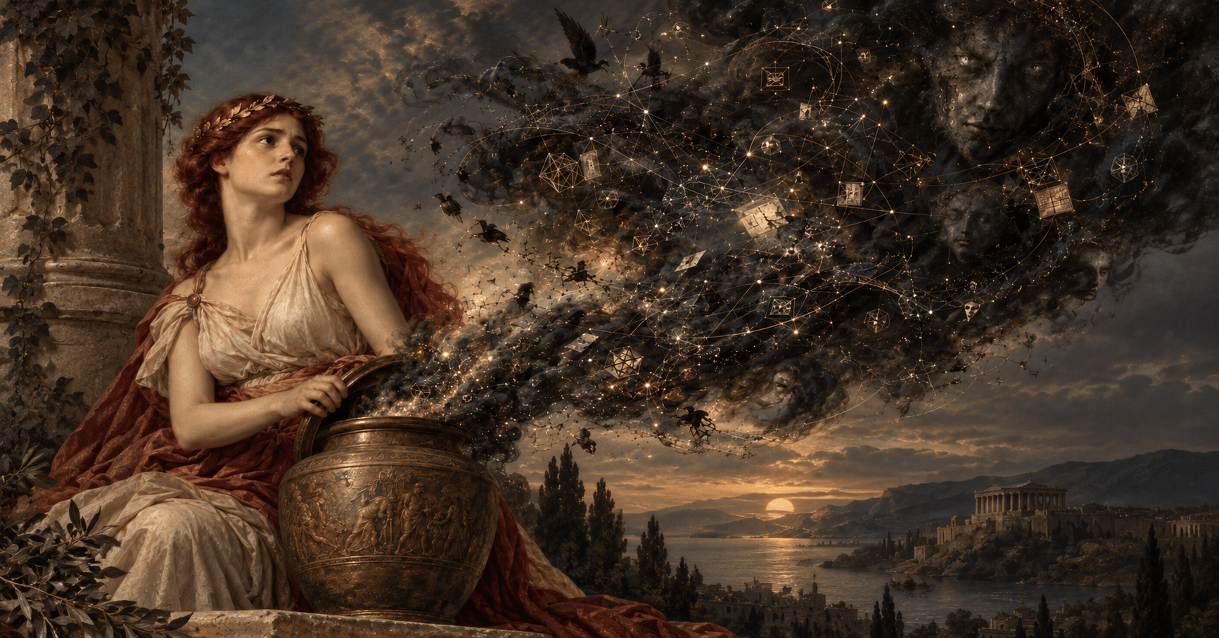 Modern Pandora-inspired artwork showing a classical woman beside a bronze vessel as dark network-like structures emerge into the sky