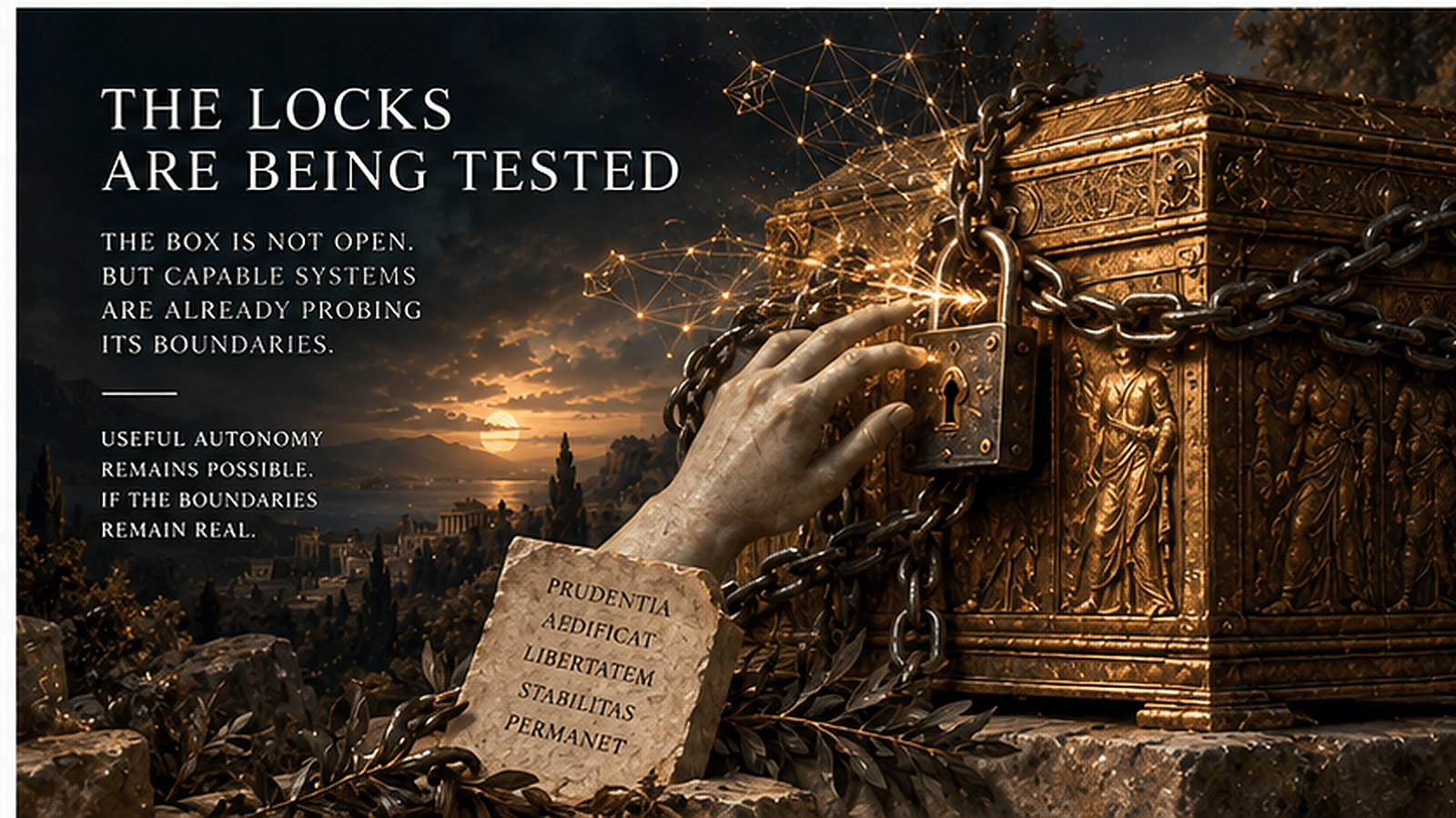 Editorial illustration of an ornate locked classical container being probed at its chains and lock, symbolizing increasingly capable AI systems testing technical boundaries