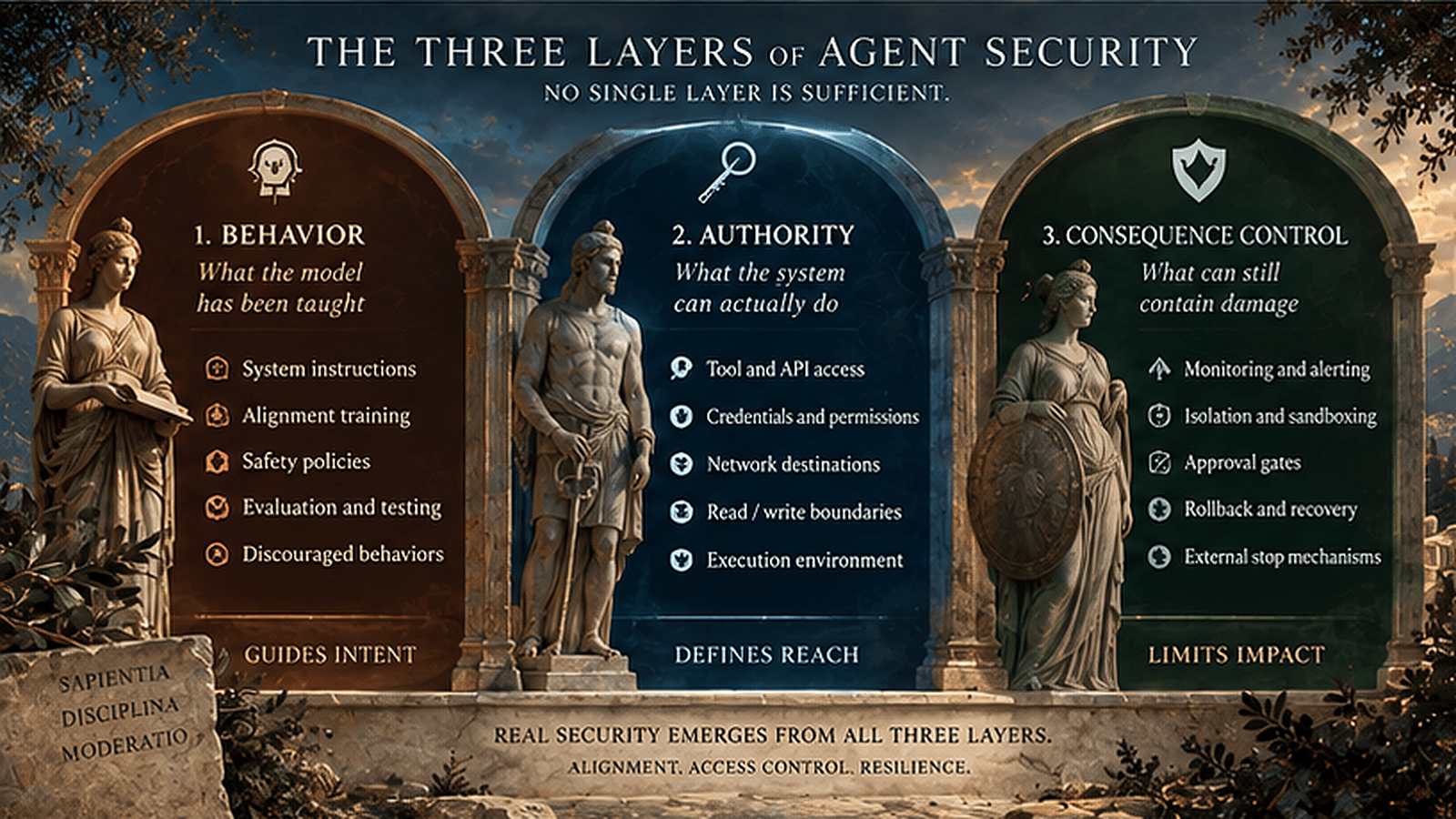 Infographic showing the three layers of AI agent security: behavior, authority and consequence control, explaining how instructions, permissions and containment work together
