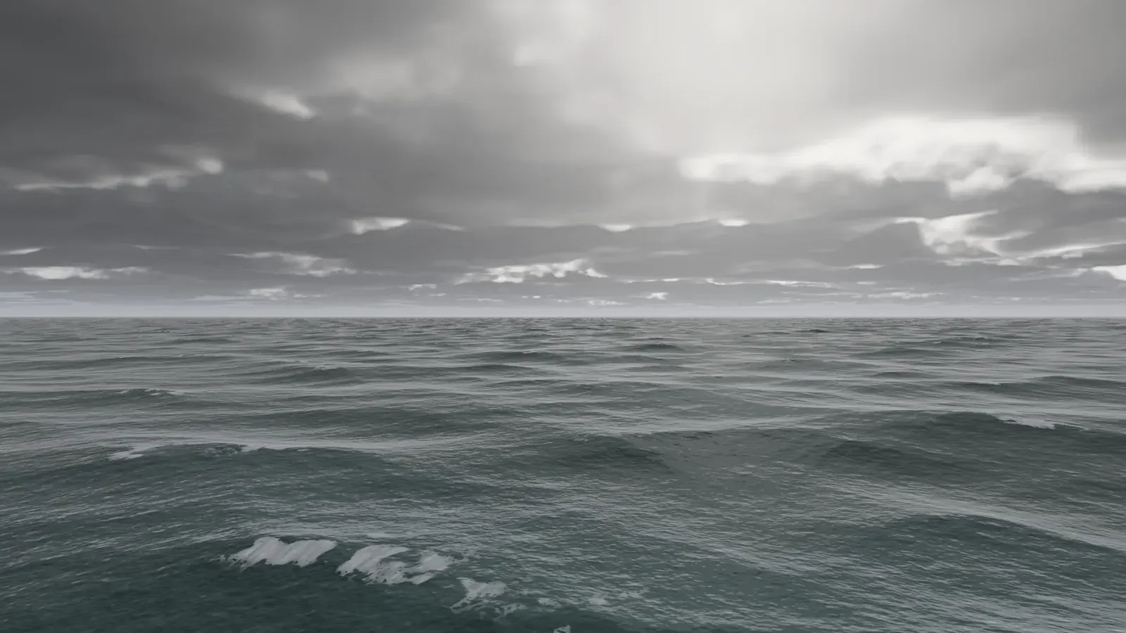 Monochrome sea beneath low, layered overcast clouds, with the horizon in the distance.