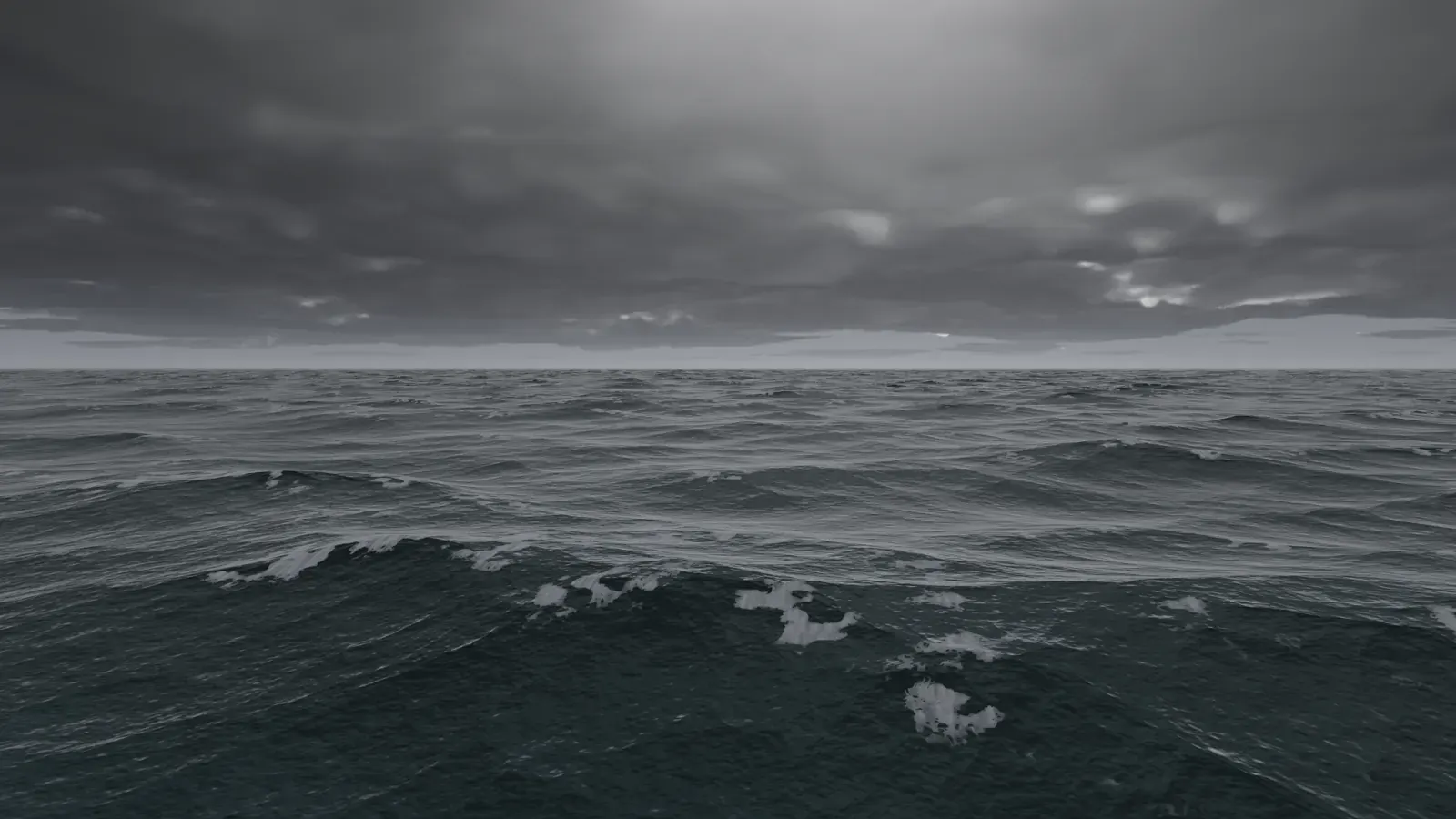 Dark storm clouds and textured waves across a grey open sea.