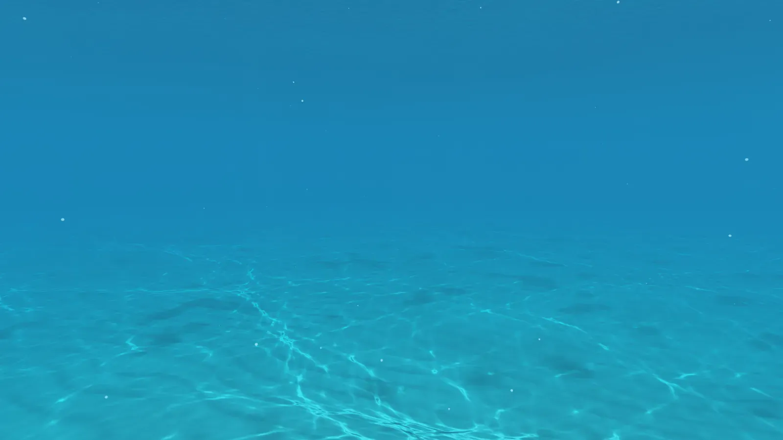 Blue underwater environment with turquoise light patterns shimmering across the seabed.